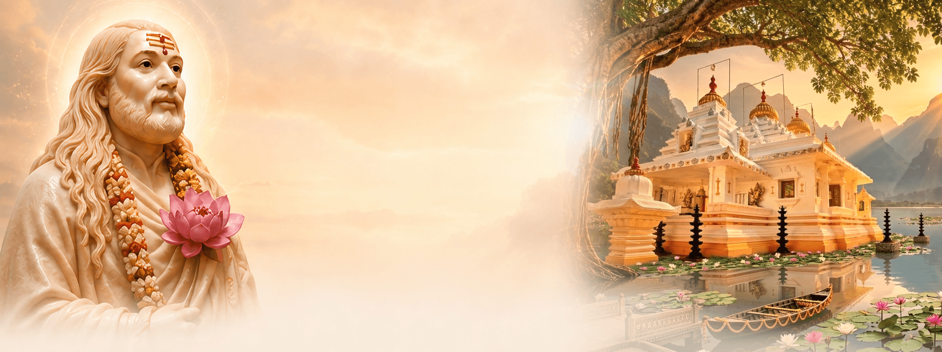 The ashram at sunrise: the garlanded murti of Sri MahaShakti stands at the left, and the white shrine with its gilded domes rises at the right beneath a great banyan, beside a lotus lake