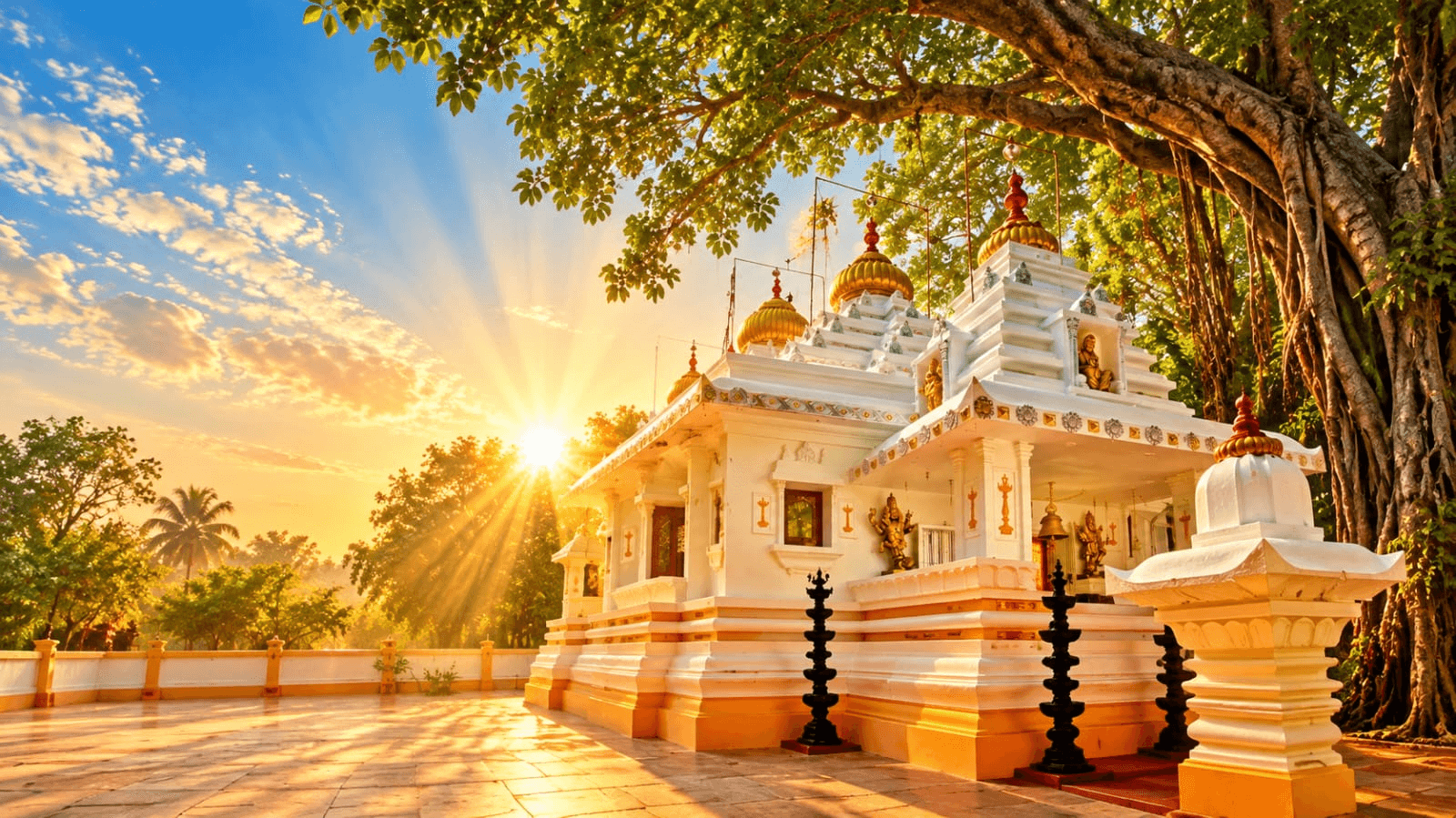 The white ashram shrine with its gilded domes at sunrise, the sun breaking through trees on the left and a great banyan spreading over it from the right