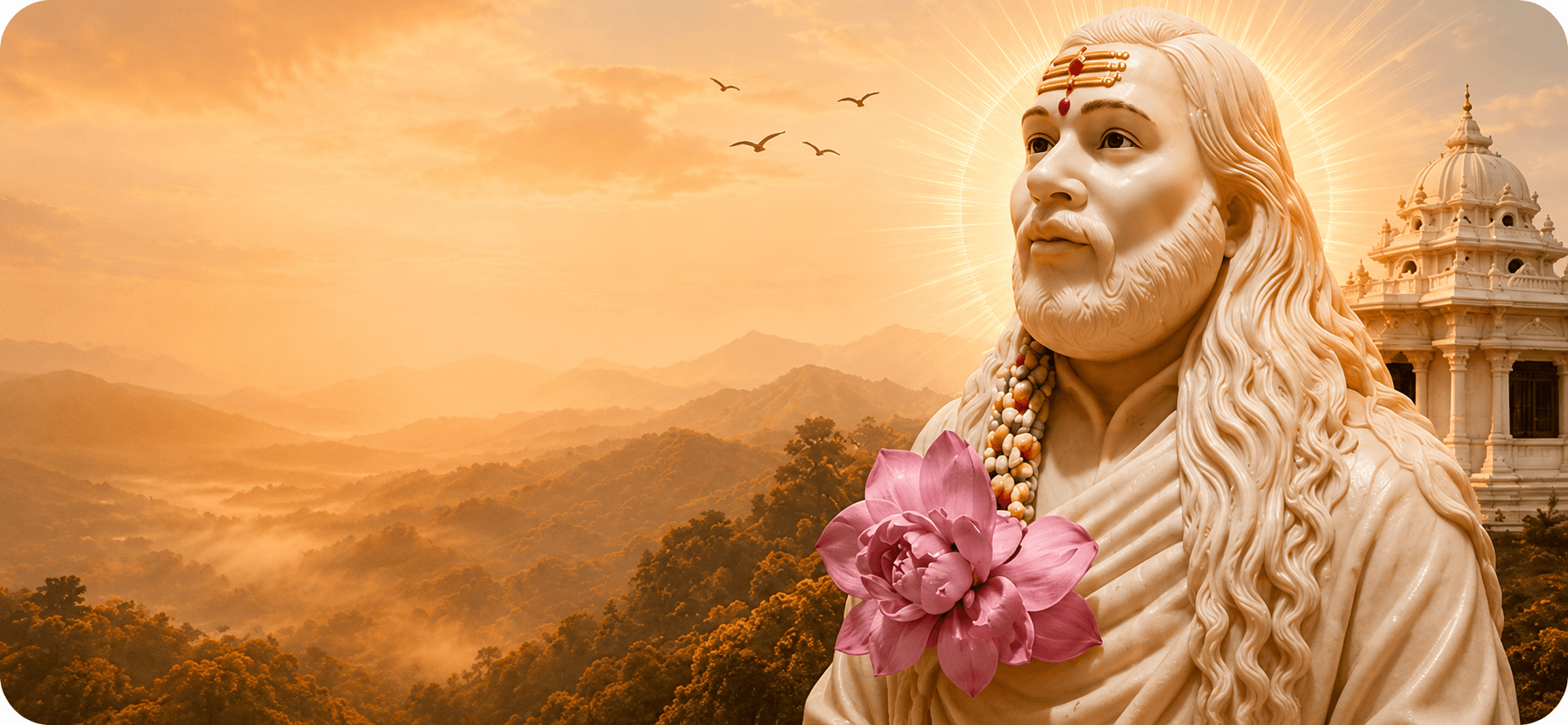 The marble murti of GuruShakti at sunrise, garlanded, with the ashram temple beyond