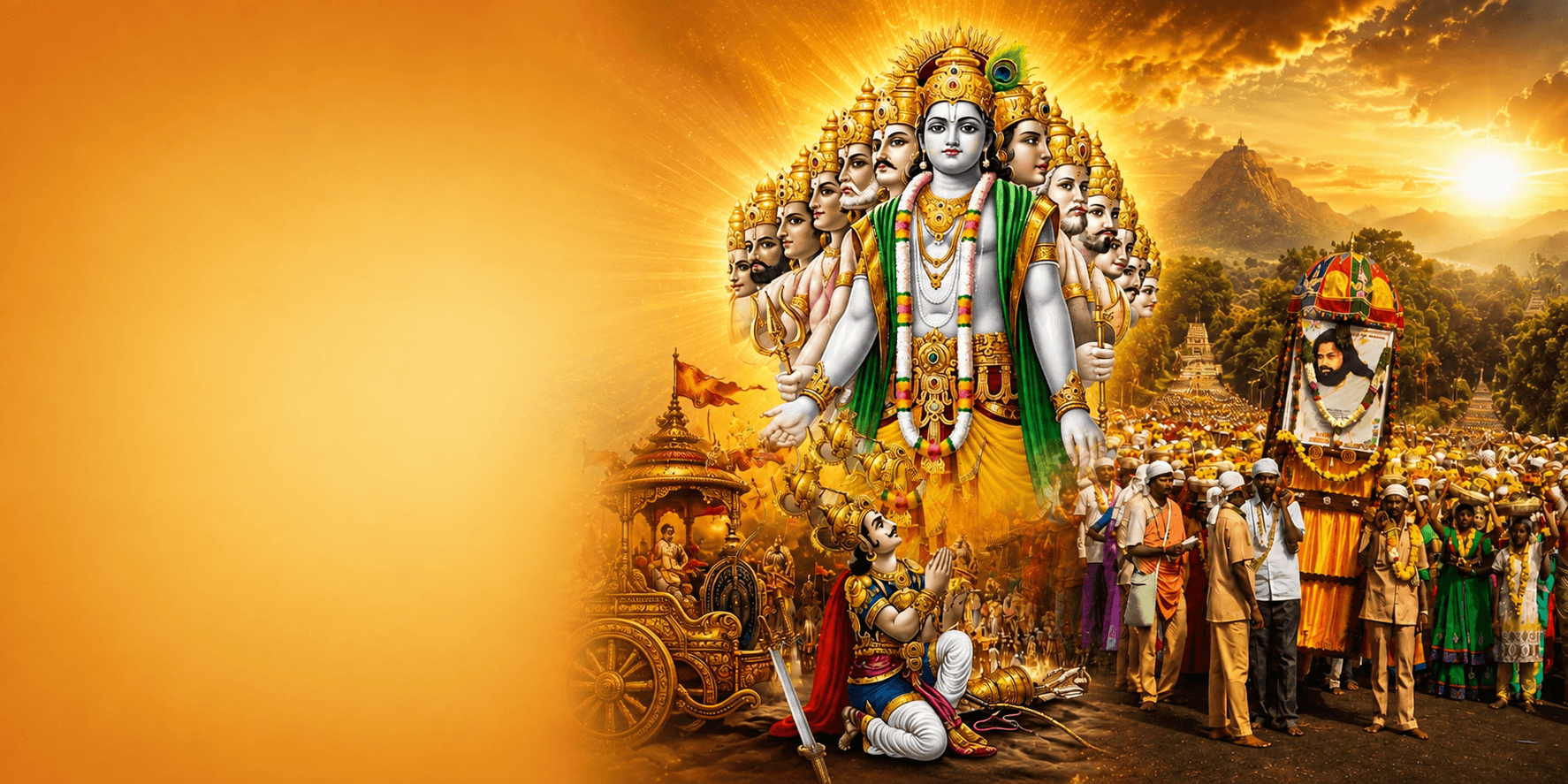 The cosmic Vishvarupa form haloed in gold above Arjuna kneeling by his chariot, with devotees processing towards the hill temple at sunrise