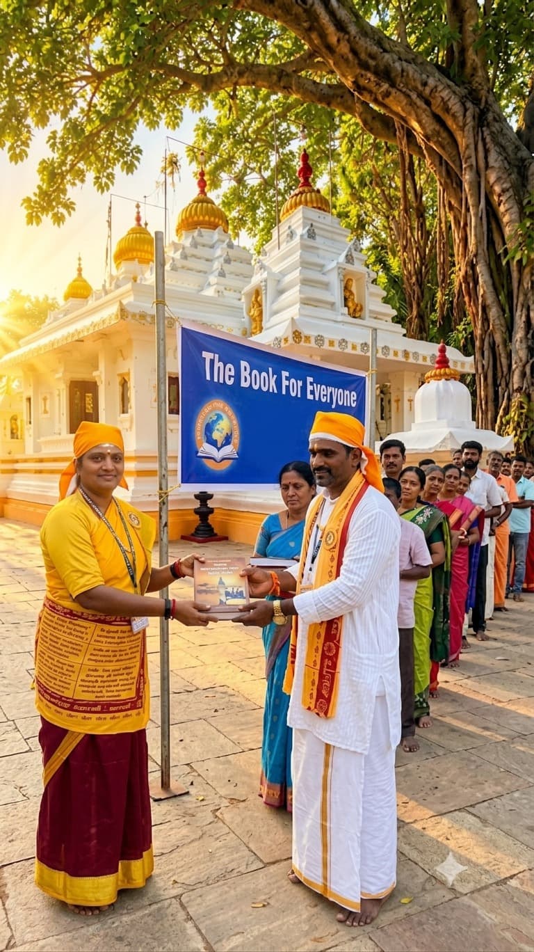 A book handed to a devotee beneath the Book For Everyone banner outside the temple