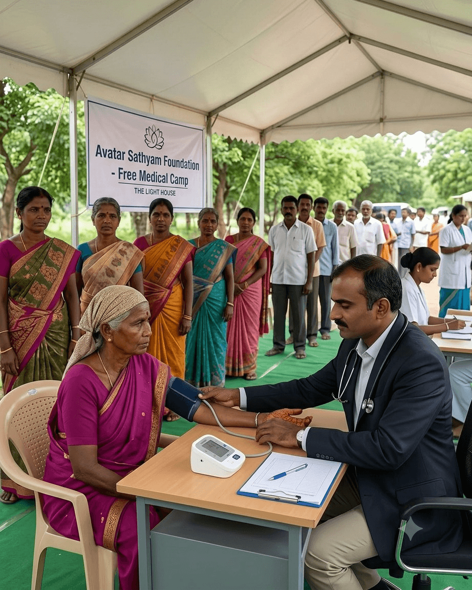 A doctor taking an elderly woman's blood pressure at the Free Medical Camp, with others waiting in line