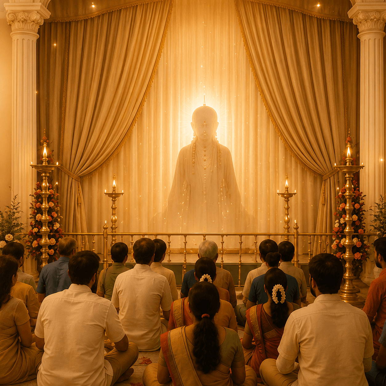 Devotees seated in rows before the curtained sannidhi, oil lamps lit either side, at the Sathyavazhi Prayer